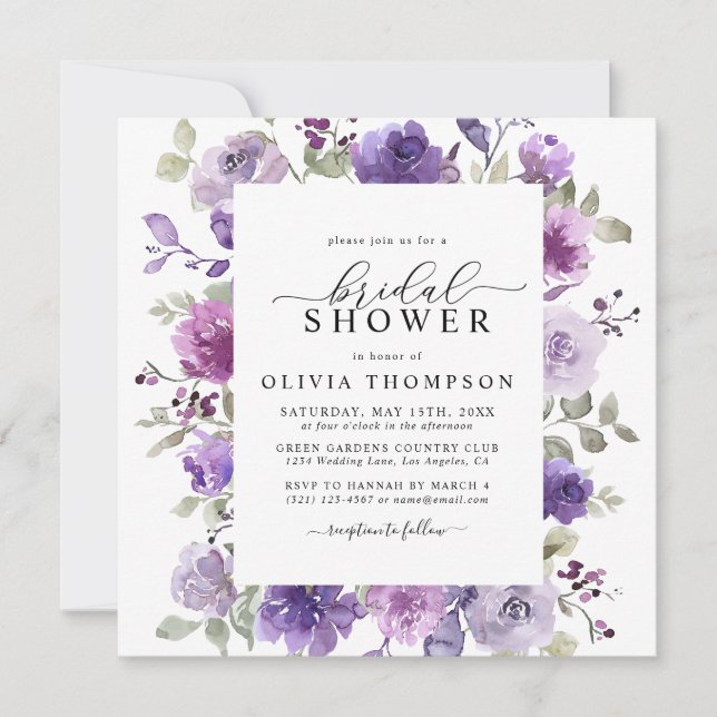 Invitation Mauve Lilac Purple Floral Aquarelle Fête des marié (Devant)