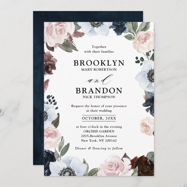 Invitation Mauve marine bleu poussiéreux et Mariage rose roux (Devant / Derrière)