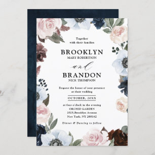 Invitation Mauve marine bleu poussiéreux et Mariage rose roux