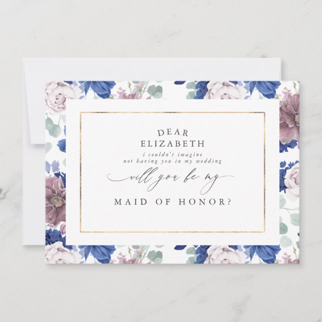 Invitation Mauve Marine Blue Floral Bridesmaid Maid of Honor (Devant)