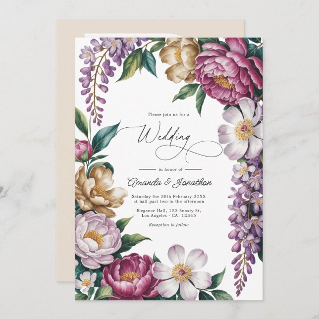Invitation Mauve Mist, Champagne Gold & White Floral Wedding (Devant / Derrière)
