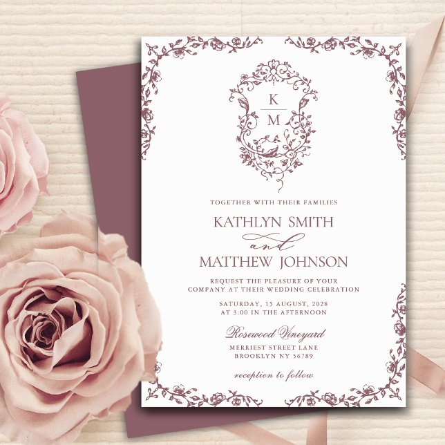 Invitation Mauve Monogram Floral Vintage Crest Mariage (Créateur téléchargé)