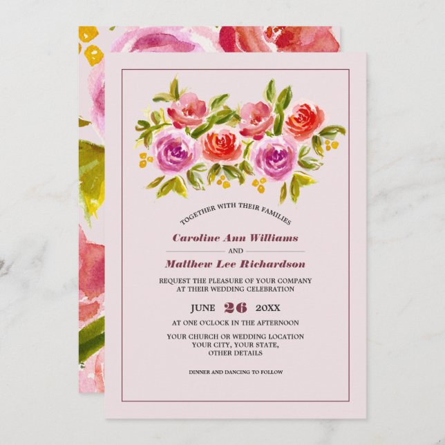 Invitation Mauve Peach Rouge Floral Mariage aquarelle (Devant / Derrière)