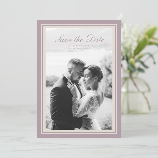 Invitation Mauve Photo Wedding Save the Date Card (Debout devant)