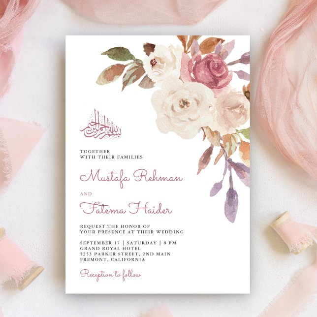 Invitation Mauve Pink Floral Bouquet Islamic Muslim Wedding (Créateur téléchargé)