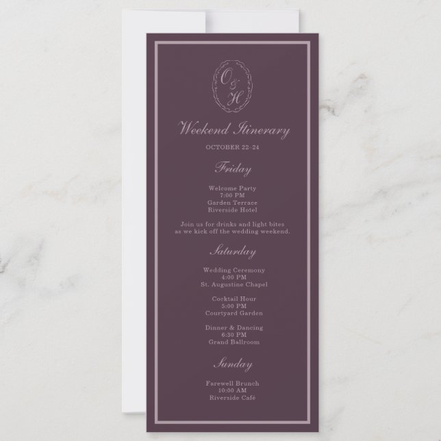 Invitation Mauve Plum Monogram Wedding Weekend Itinerary (Devant)