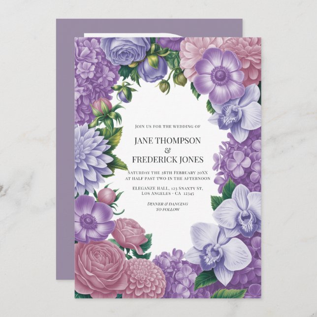 Invitation Mauve Quartz, Dusty Peony & Frosted Lilac Wedding (Devant / Derrière)