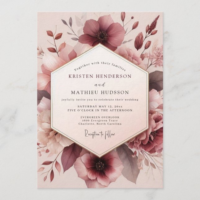 Invitation Mauve Romantic Bloom Wedding (Devant)