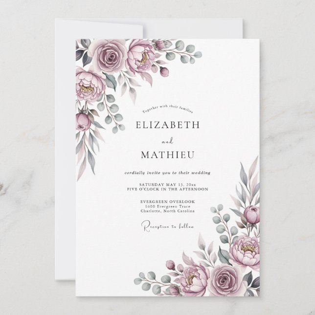 Invitation Mauve Romantic Floral Wedding (Devant)