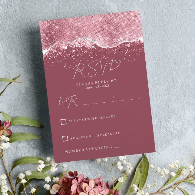 Invitation Mauve rose rose or argent parties scintillant RSVP (Mauve pink rose gold silver glitter RSVP )