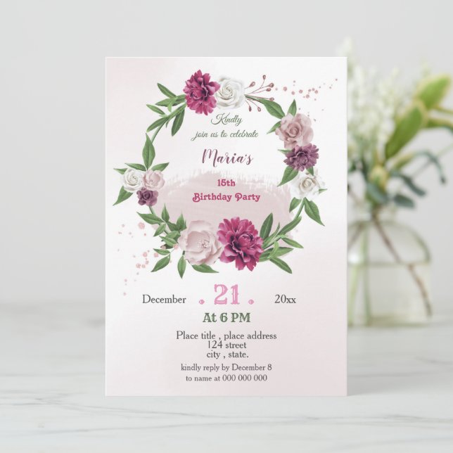 Invitation mauve rose verdure botanique couronne anniversaire (Debout devant)