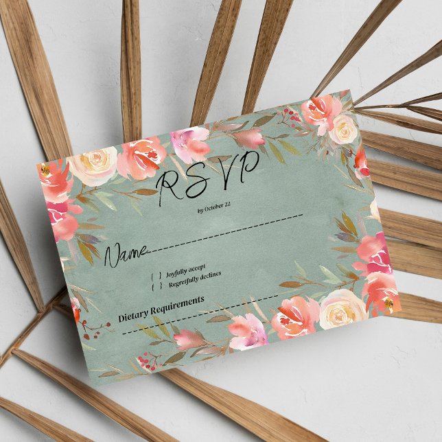 Invitation Mauve vert ivoire rose hivernal dentelle fleurie R (Mauve green pink ivory winter floral lace RSVP)