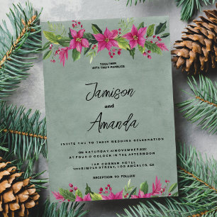 Invitation Mauve vert rose hiver floral Mariage de Noël