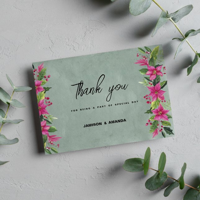 Invitation Mauve vert rose hiver floral Merci de Noël (Mauve green pink winter floral Christmas Thank You )