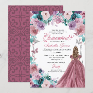 Invitation Mauve violet Turquoise rose coucher de soleil Quin