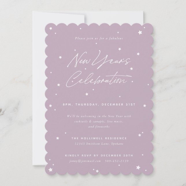 Invitation Mauve+White Script Étoiles éparpillées Fête du Nou (Devant)