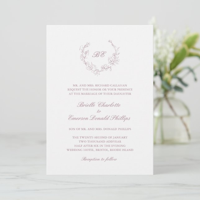 Invitation Mauve Wreath Monogramme Mariage élégant (Debout devant)