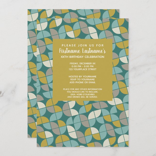 Invitation MCM Motif - funky turquoise or vert fête d'anniver (Devant / Derrière)