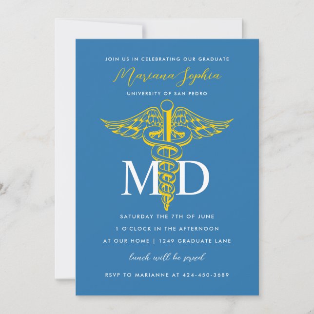 Invitation MD Docteur en médecine Diplôme bleu et or (Devant)