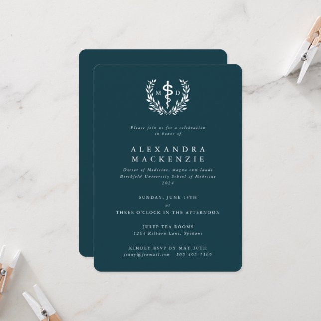 Invitation MD turquoise Asclepius + Laurel Wreath Graduation (Devant/Arrière en situation)