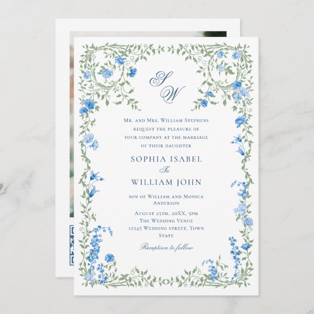 Invitation Meadow Blue Rose Mariage code QR Photo (Devant / Derrière)