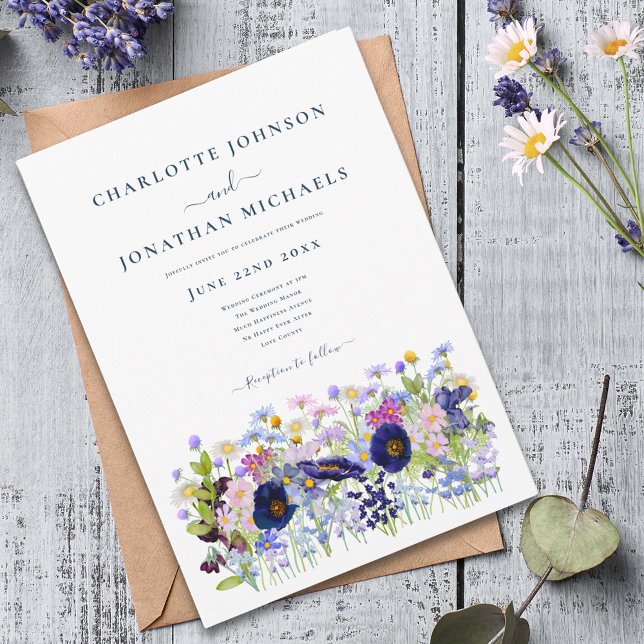 Invitation Meadow Fleur sauvage moderne (Modern colorful wildflower meadow wedding invitation boho watercolor floral blue pink purple )