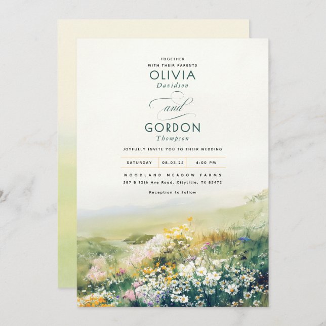 Invitation Meadow Fleurs sauvages aquarelle Mariage naturel (Devant / Derrière)