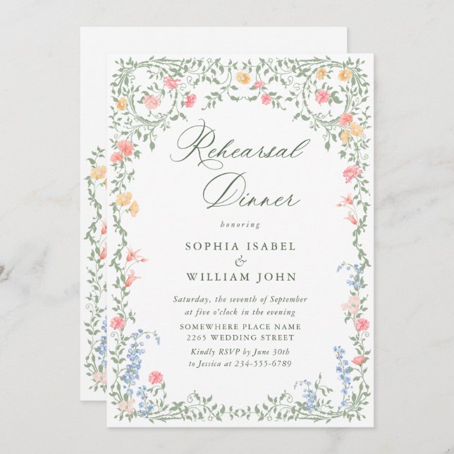 Invitation Meadow Pastel Dîner de répétition Florale Rose (Devant / Derrière)