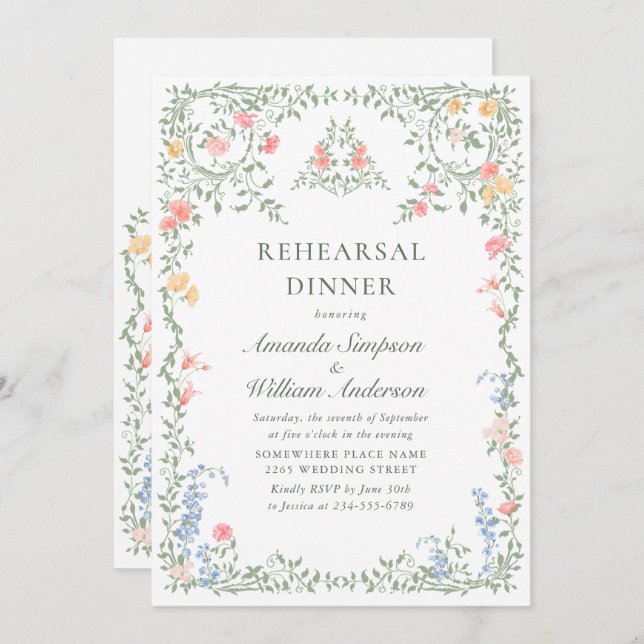Invitation Meadow Pastel Dîner de répétition Florale Rose (Devant / Derrière)