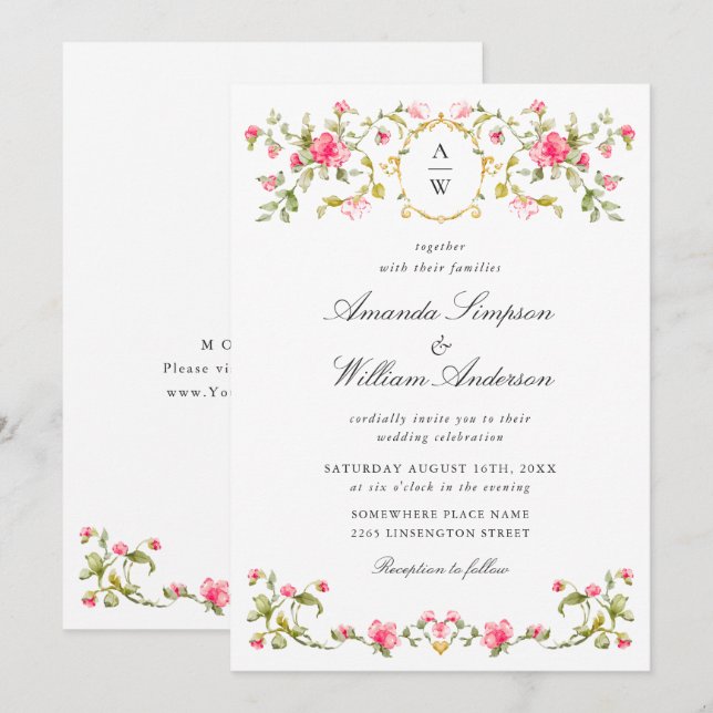 Invitation Meadow Pastel Français Rose Floral Mariage (Devant / Derrière)