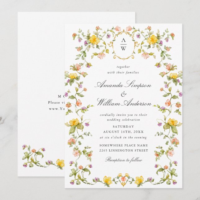 Invitation Meadow Pastel Français Rose Floral Mariage (Devant / Derrière)