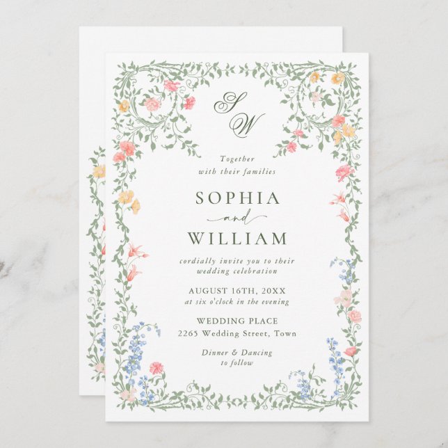 Invitation Meadow Pastel Français Rose Floral Mariage (Devant / Derrière)