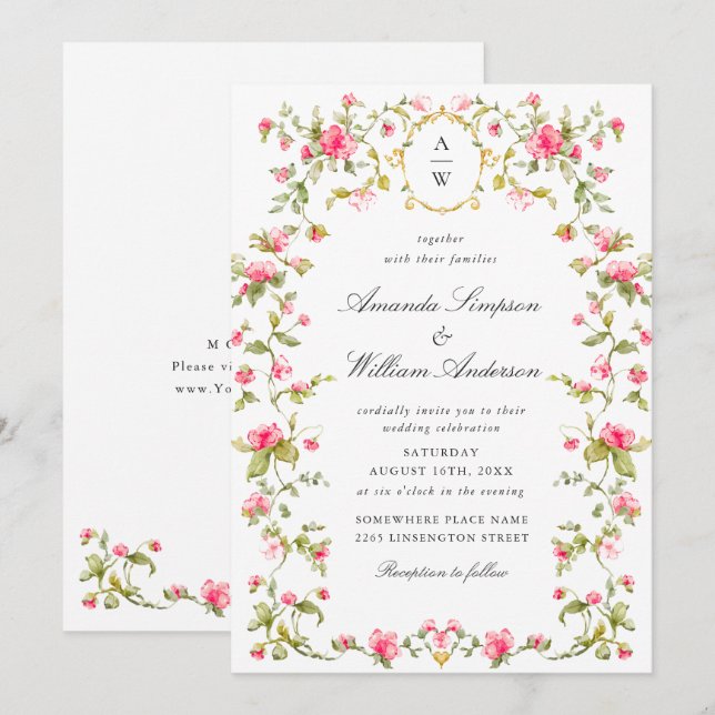 Invitation Meadow Pastel Français Rose Floral Mariage (Devant / Derrière)