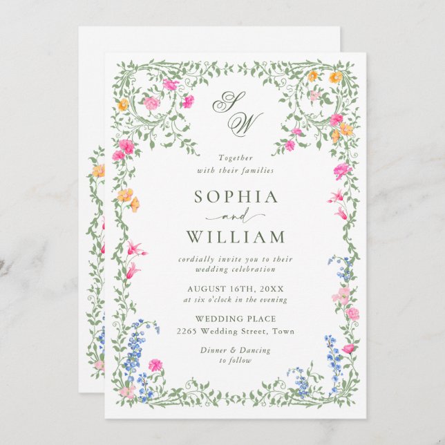 Invitation Meadow Pastel Français Rose Floral Mariage (Devant / Derrière)
