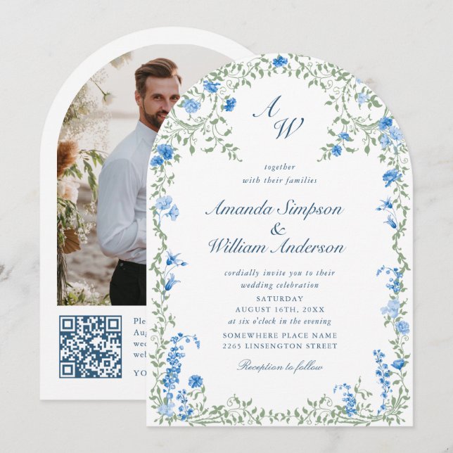 Invitation Meadow Pastel Mariage Floral français QR code Phot (Devant / Derrière)