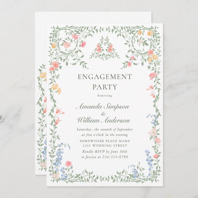 Invitation Meadow Pastel Rose Floral ENGAGEMENT PARTI (Devant / Derrière)