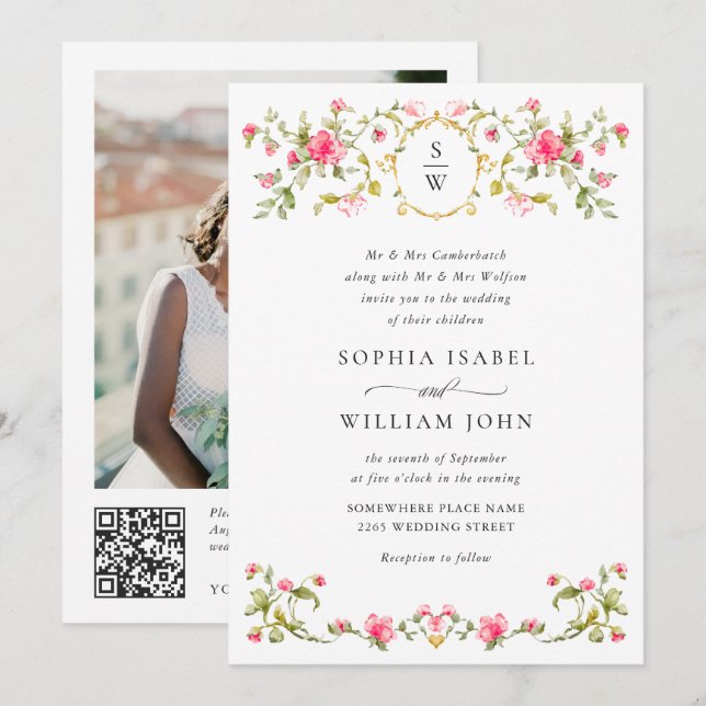 Invitation Meadow Pastel Rose Floral Mariage code QR (Devant / Derrière)