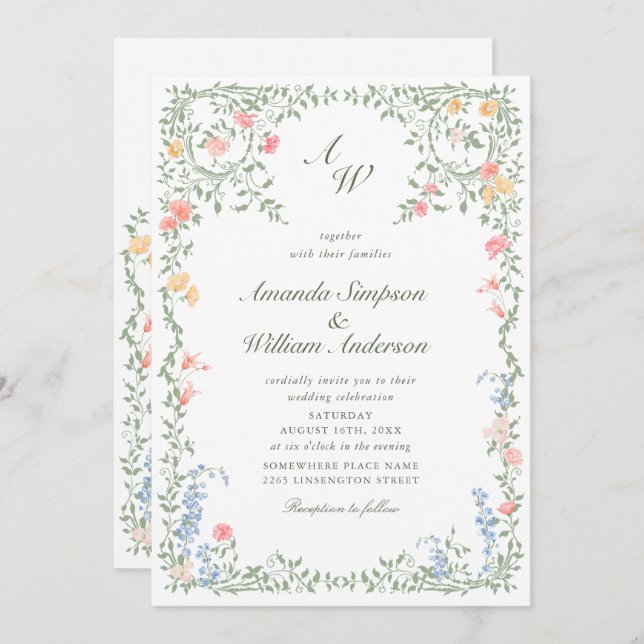 Invitation Meadow Pastel Rose Floral Mariage code QR (Devant / Derrière)
