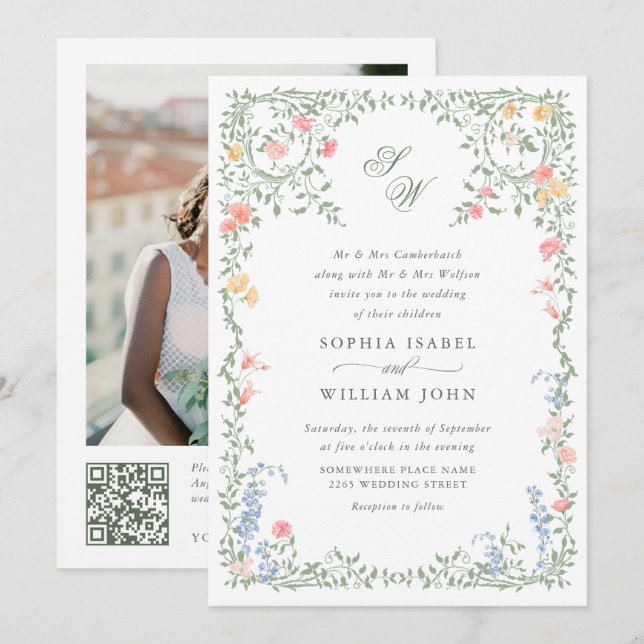 Invitation Meadow Pastel Rose Floral Mariage code QR (Devant / Derrière)