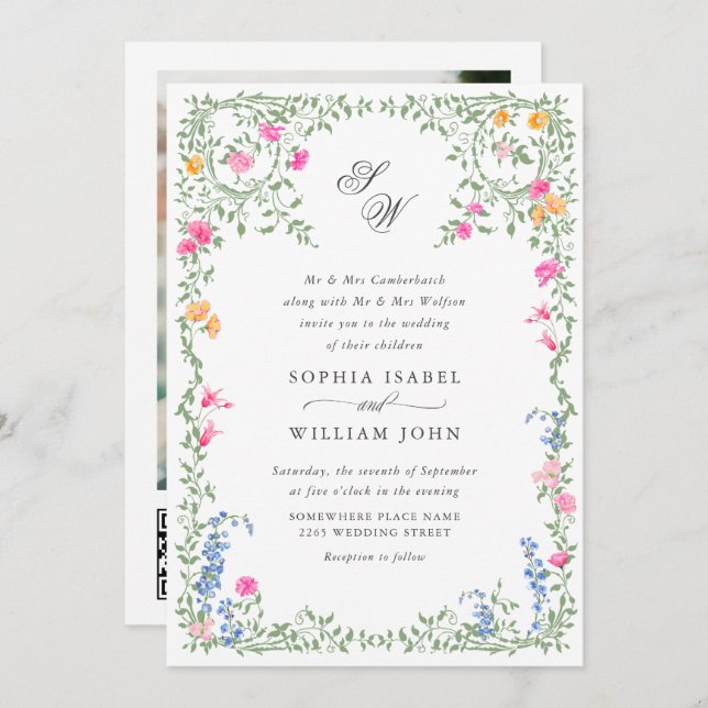 Invitation Meadow Pastel Rose Floral Mariage code QR (Devant / Derrière)