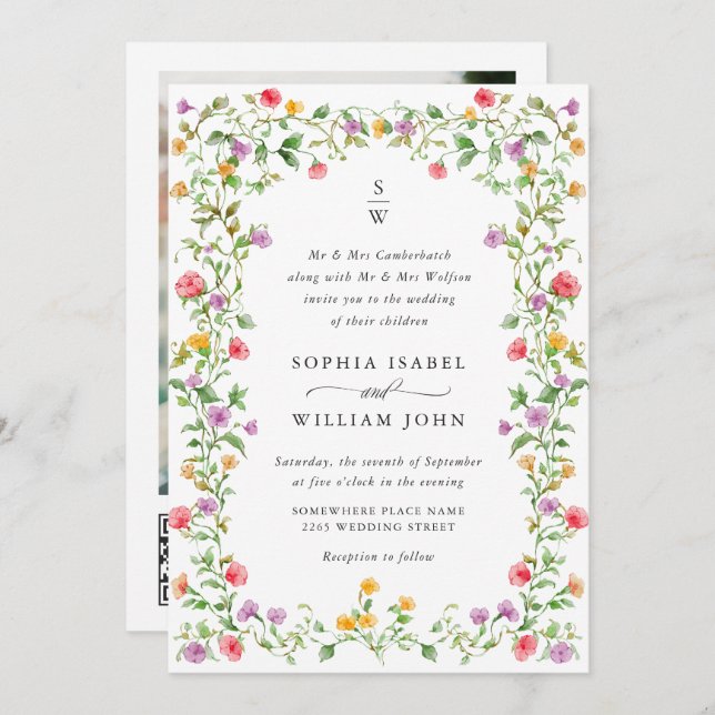 Invitation Meadow Pastel Rose Floral Mariage code QR (Devant / Derrière)