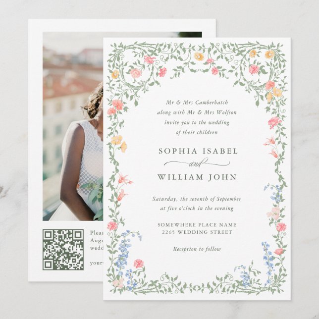Invitation Meadow Pastel Rose Floral Mariage code QR (Devant / Derrière)