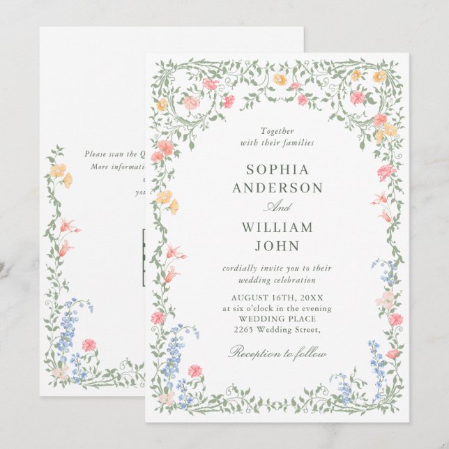 Invitation Meadow Pastel Rose Floral Mariage code QR (Devant / Derrière)