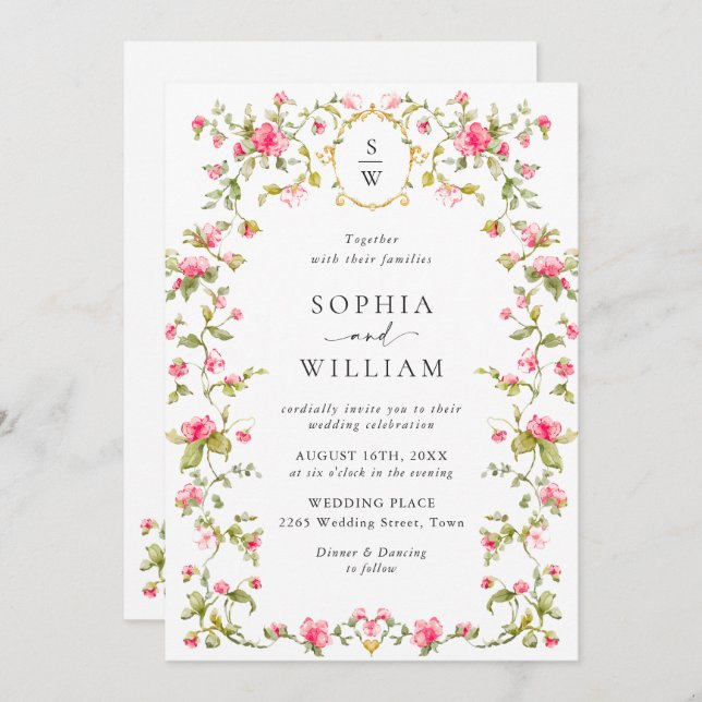 Invitation Meadow Pastel Rose Floral QR code Mariage (Devant / Derrière)