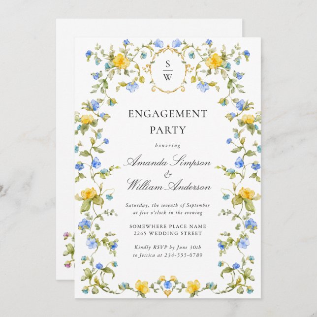 Invitation Meadow Watercolor Fleurs sauvages ENGAGEMENT PARTY (Devant / Derrière)