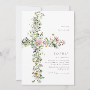 Invitation Meadow wildflower cross the Baptism Christening
