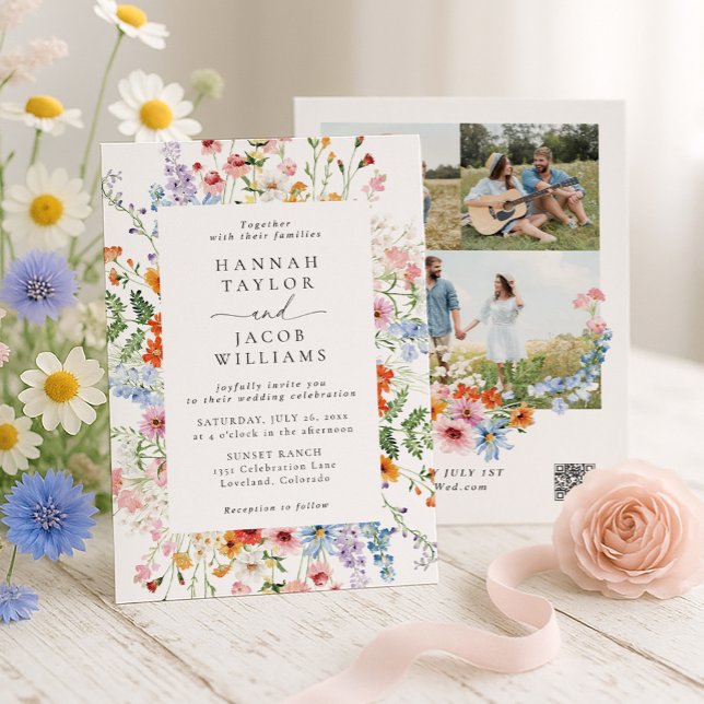 Invitation Meadow Wildflower QR Code Three Photo Wedding (Créateur téléchargé)