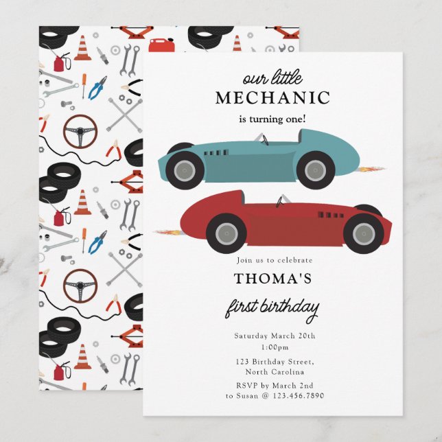 Invitation Mécanicien Automobile Outils Garçon Premier Annive (Devant / Derrière)