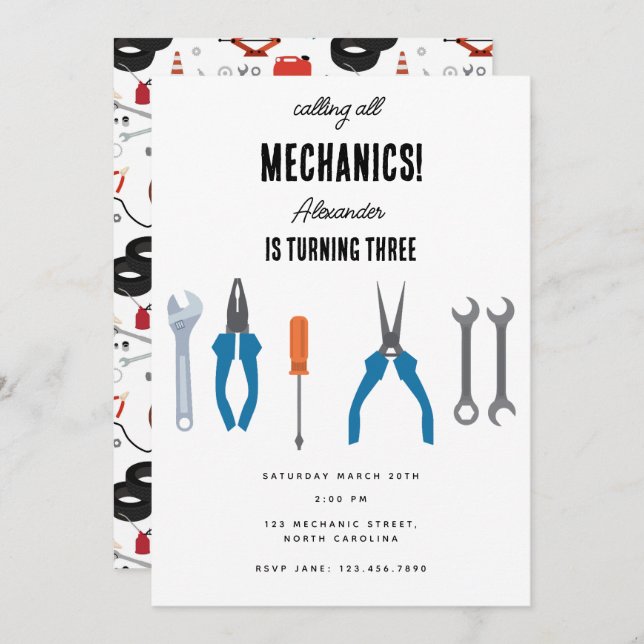 Invitation Mécanique automobile Outils de l'automobile Garçon (Devant / Derrière)