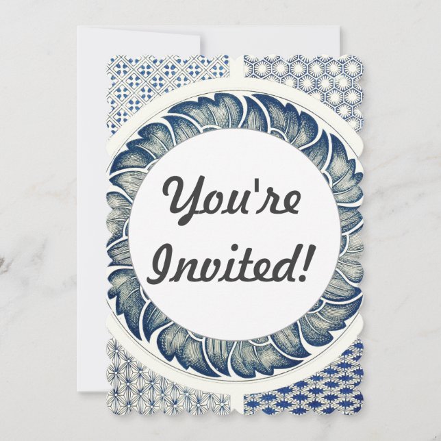 Invitation Médaillon Chinois : Chinoiserie Bleu Indigo (Devant)